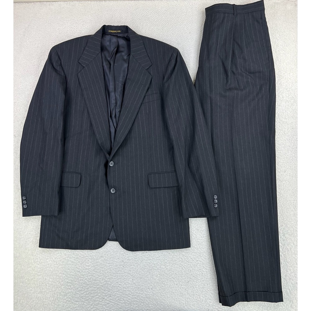 Vintage Hickey Freeman Suit Mens 44L Long 36x32 Gray Pinstripe Wool 2pc USA